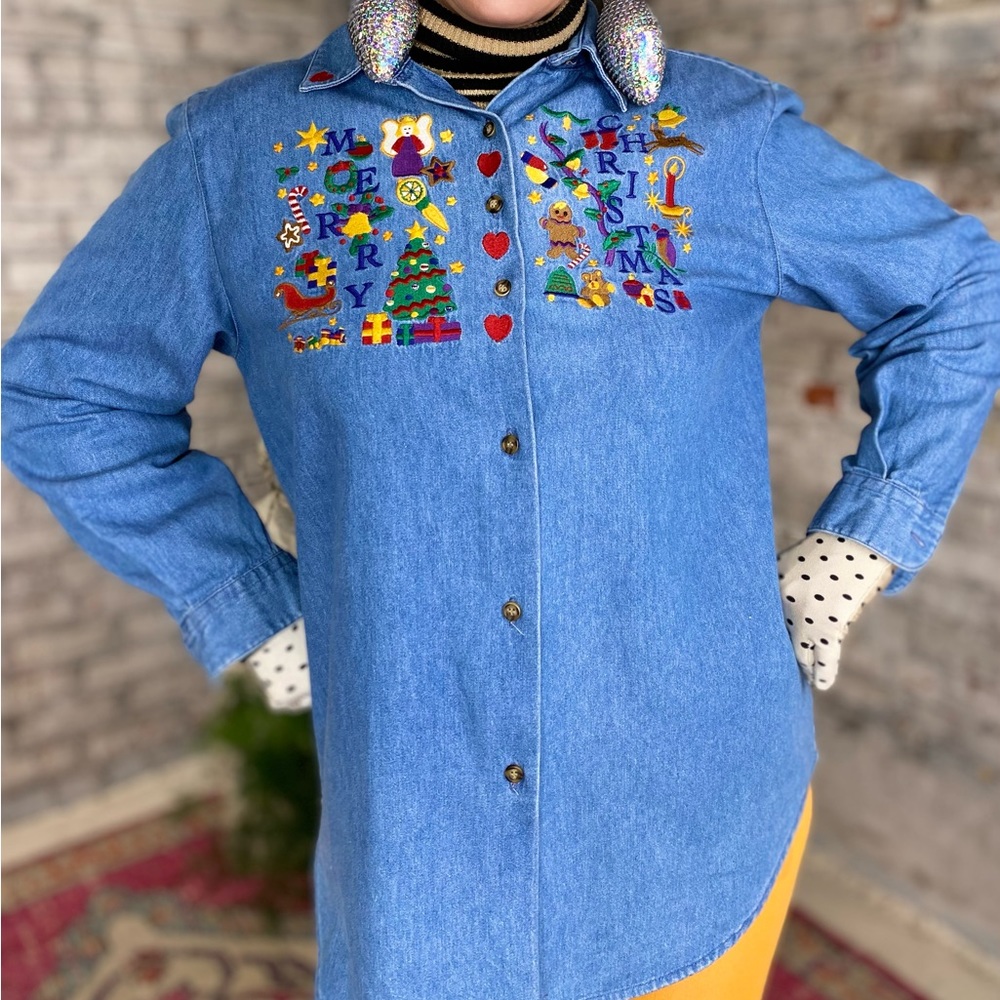 Vintage Petite Christmas Denim Button Up Holiday Party